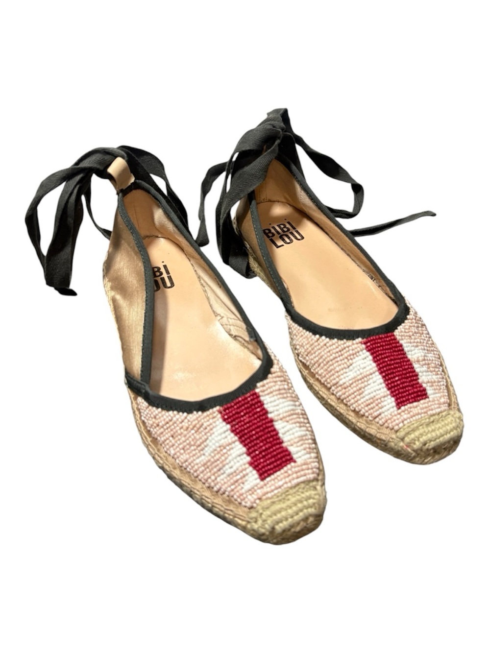 BIBI LOU Red-Accent Beaded Espadrille Flats with Ankle Ties